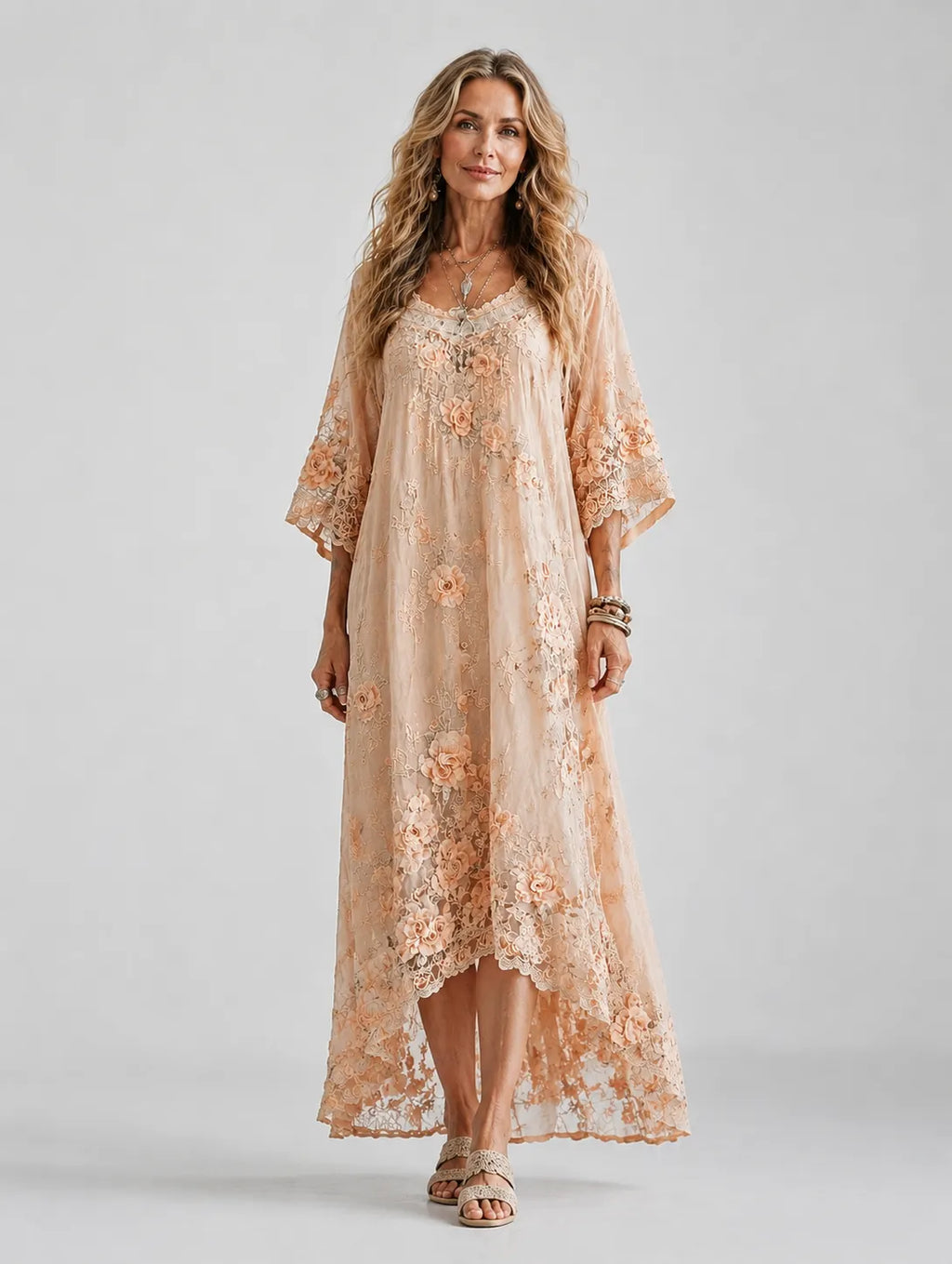 Women's Boho Floral Embroidered Lace Printed Maxi Dress