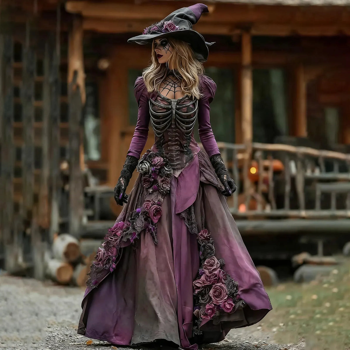 Vintage Witch Skull Rib Cage Rose Pattern Maxi Dress