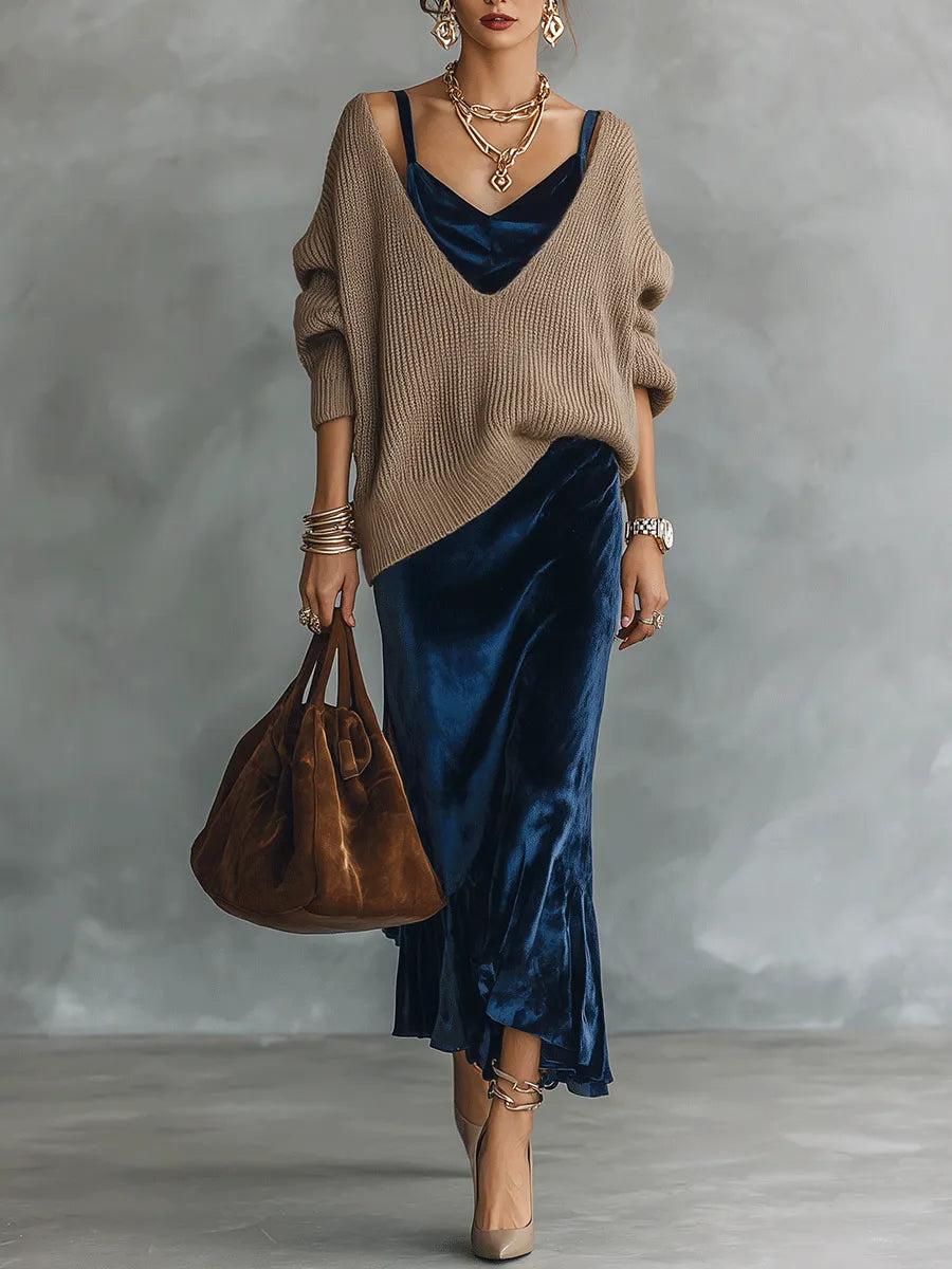 Layered Velvet Cowl Neck Slip Dress with Oversized Knit Sweater Set