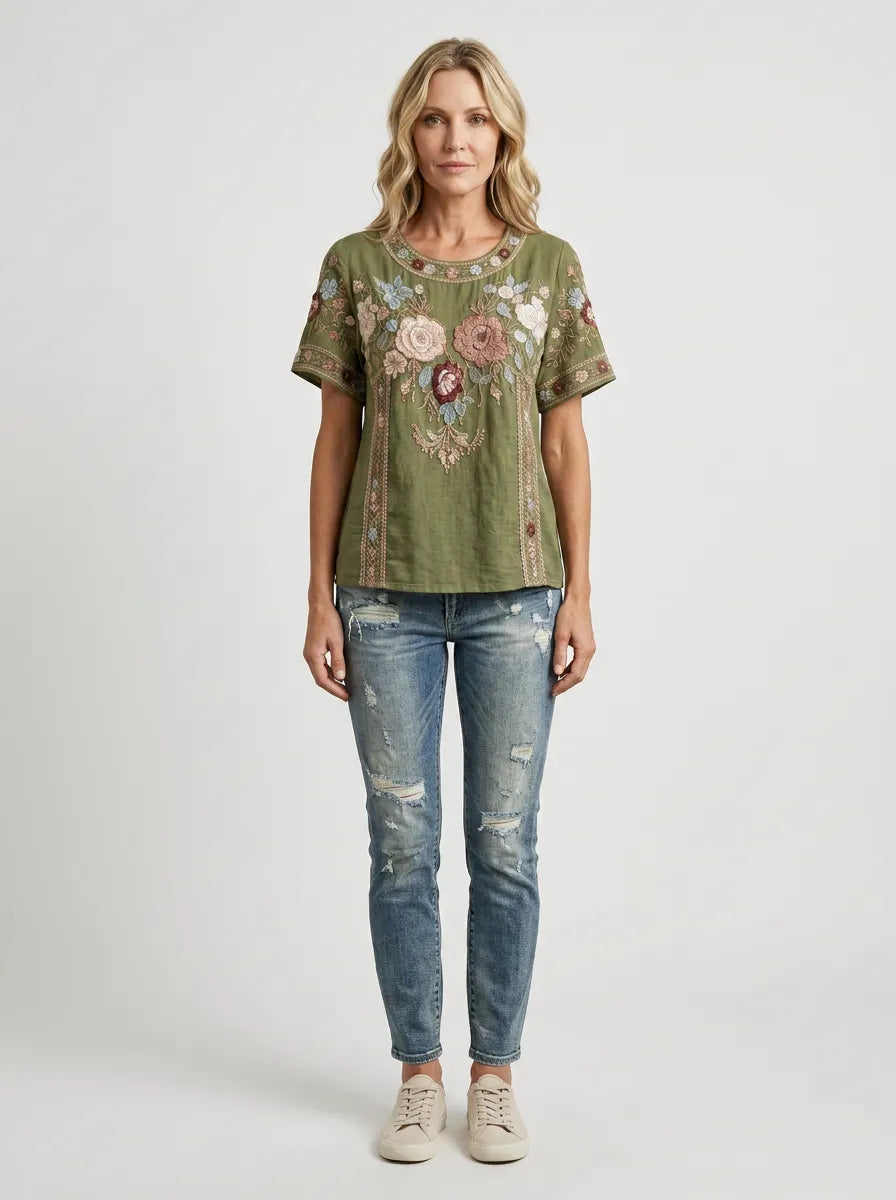 Women's Boho Floral Cotton Embroidered Printed T-shirt