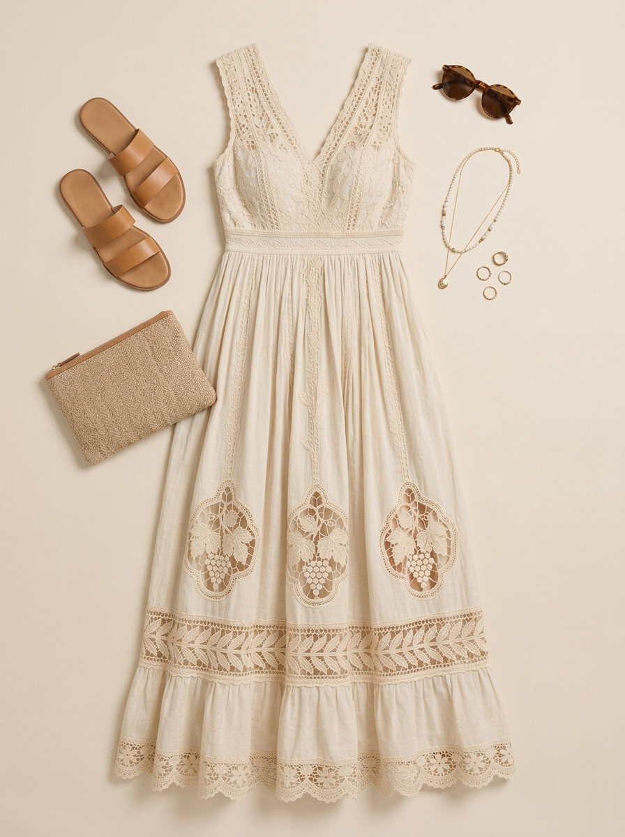 Women's Bohemian Floral Lace Cotton Linen Maxi Dress