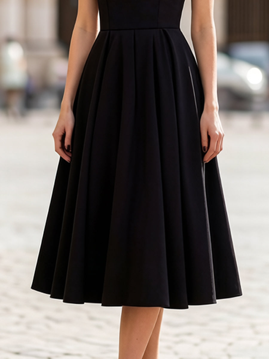 Black Sheer Tulle Cap Sleeve Pleated Fit-and-Flare Midi Dress