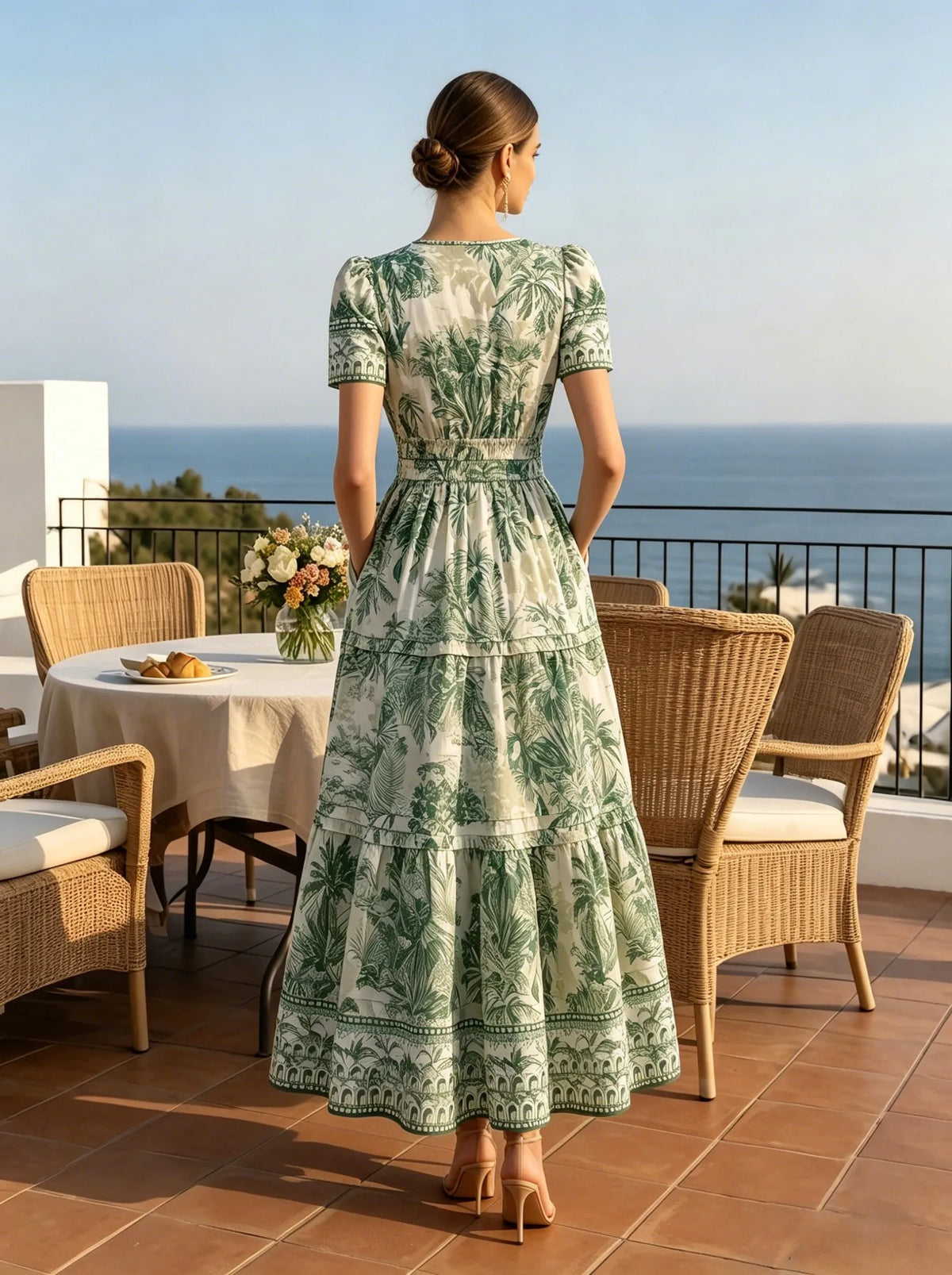 Maxi Cotton Dress, Short Sleeves, V Neck, Floral, Vacation, Vintage, Green