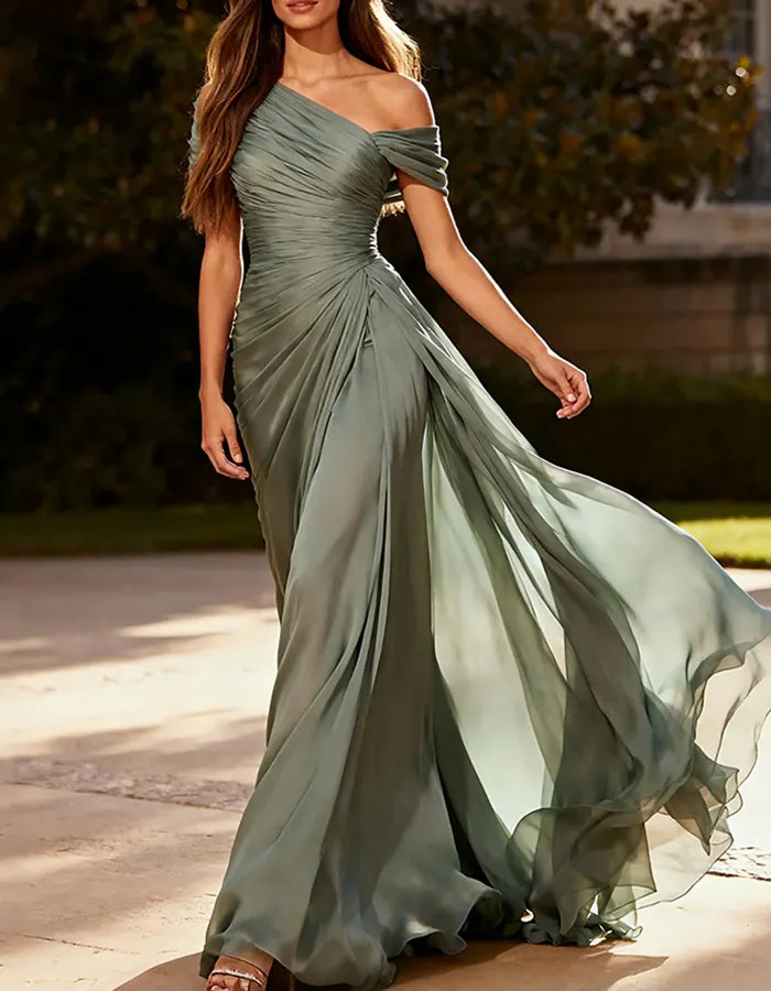 Off Shoulder Ruched Chiffon Evening Dress