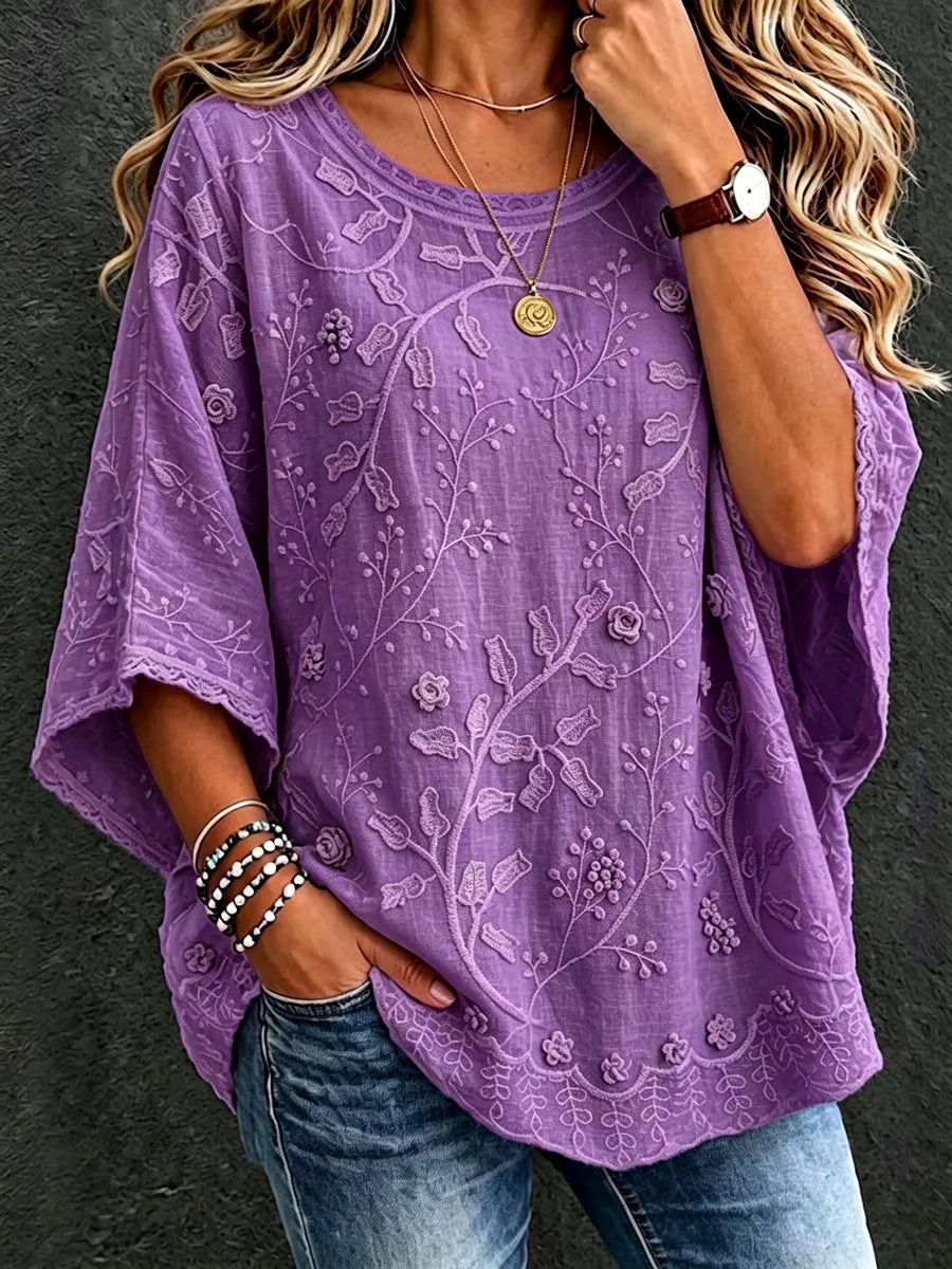 Women'S Cotton Linen Flower Casual Loose Top