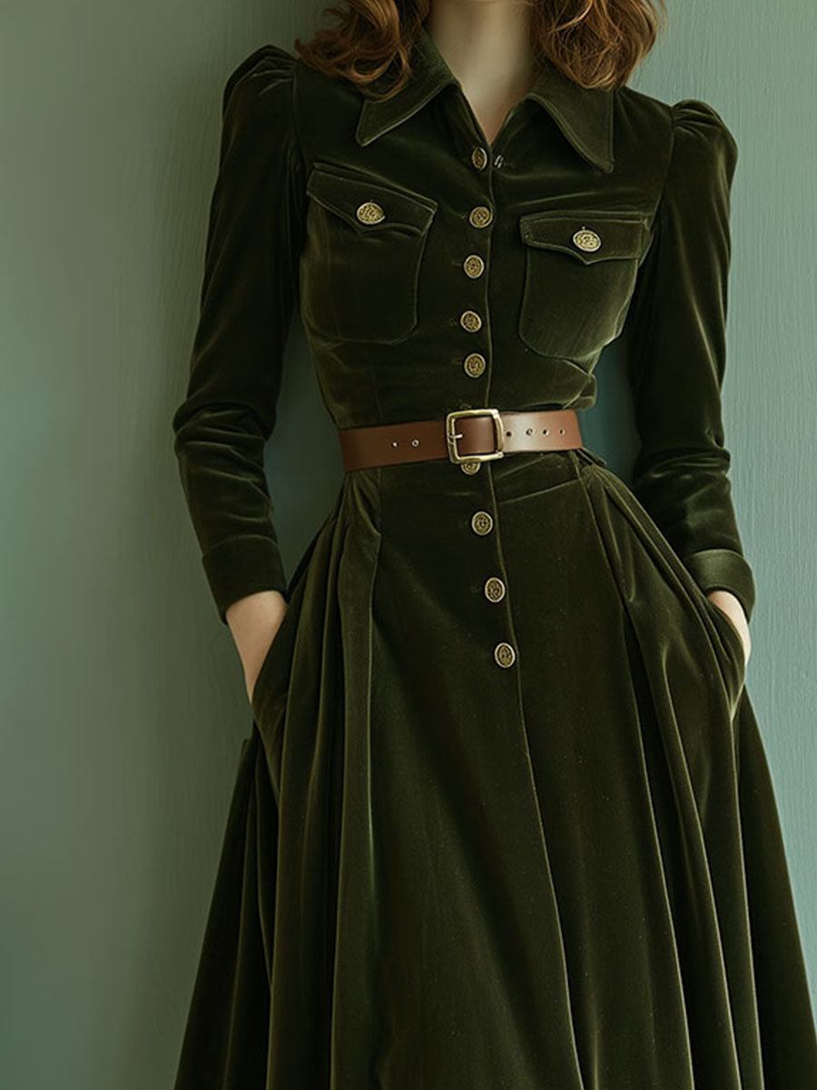 Vintage A-Line Long Sleeve Velvet Midi Dress With Pockets