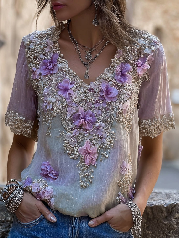 Vintage Purple Flowers Embroidered V Neck Linen Shirt