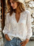 Women's Vintage Pink Cherry Blossom And Lace Casual V-neck Long-sleeved Top
