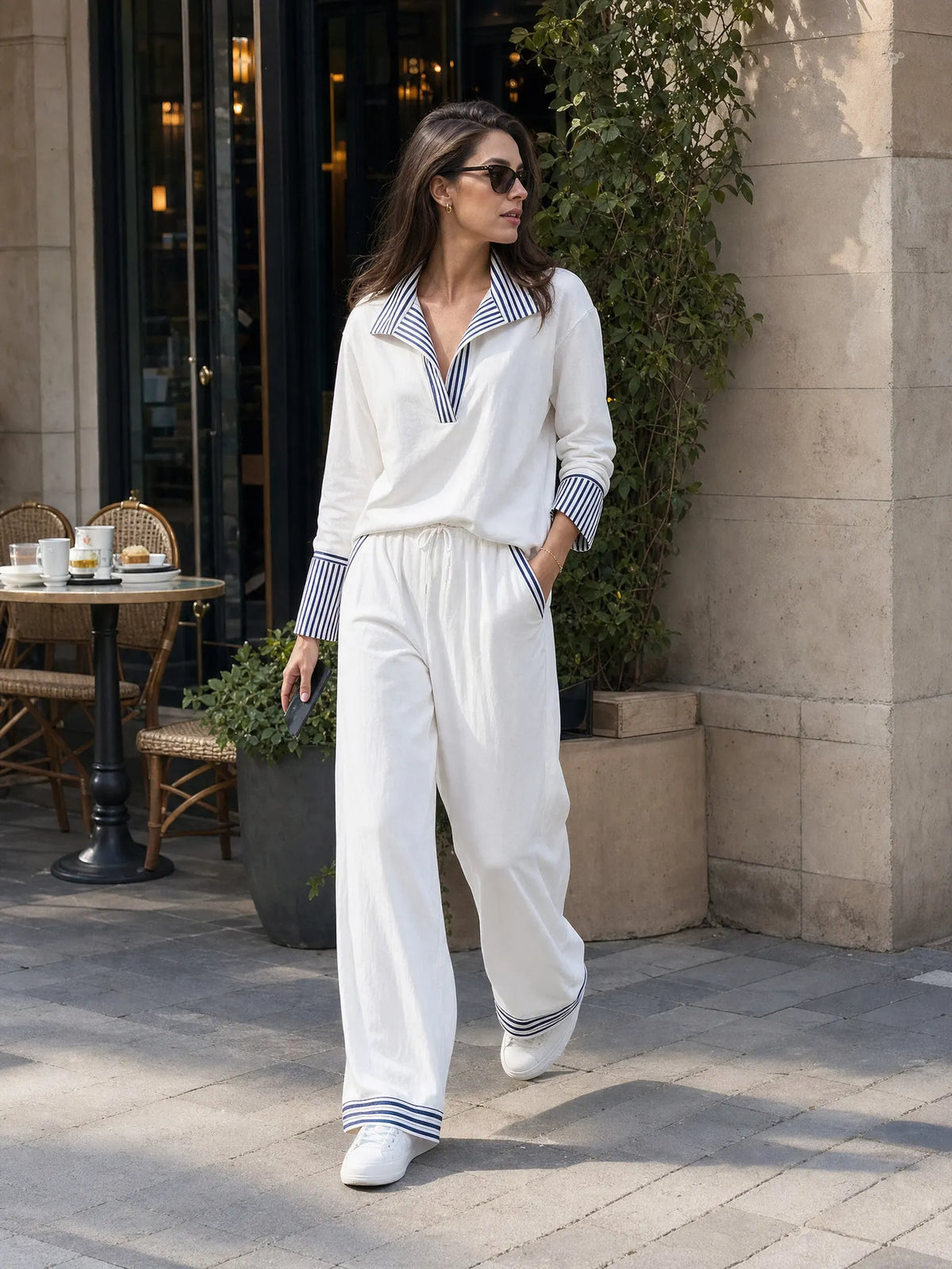 Coastal Luxe Striped Collar Top & Wide Leg Pants Set