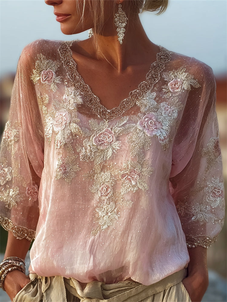 Classy Pink Roses Embroidered Lace Trim Flowy Linen Tunic