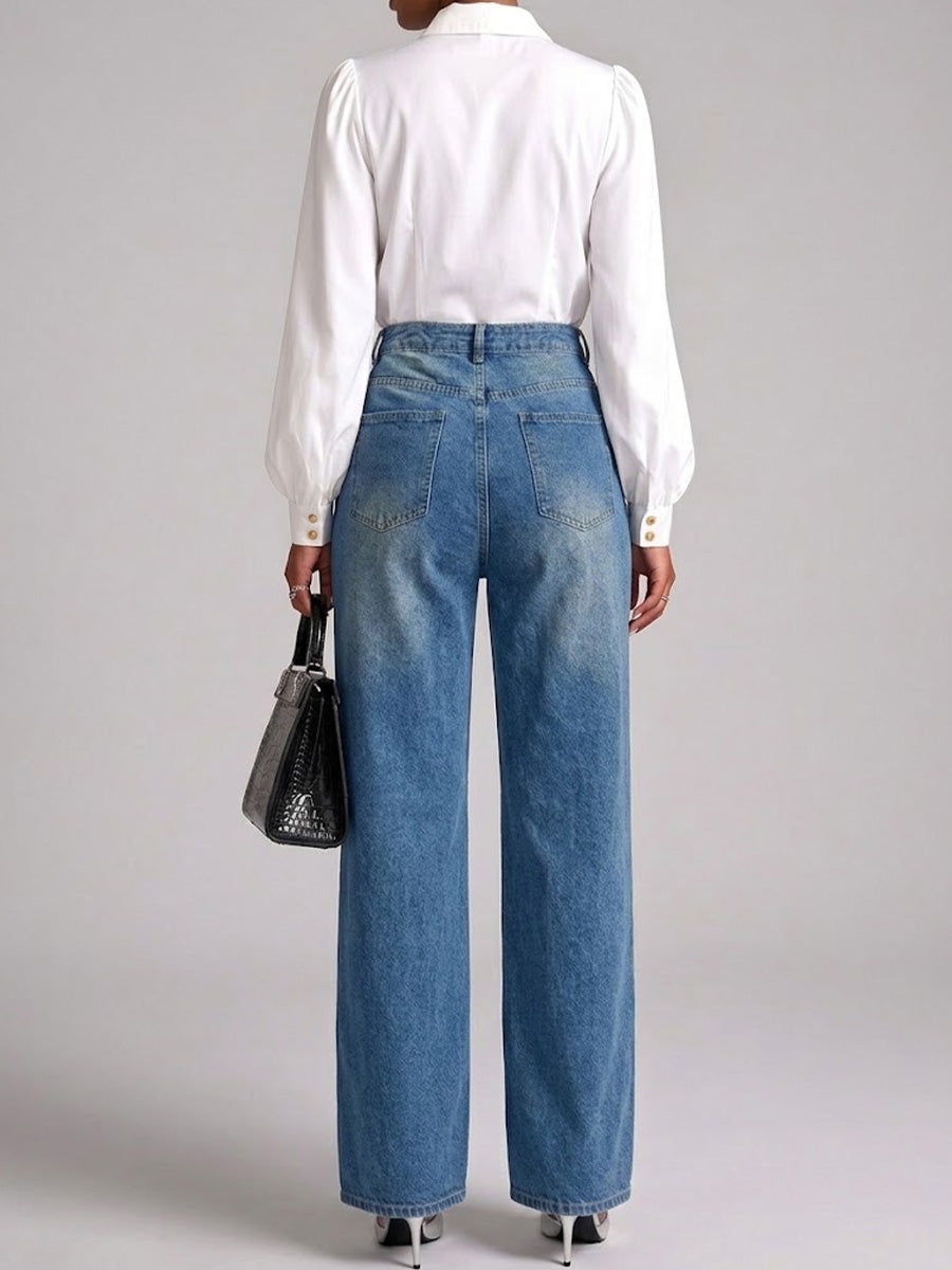 High‐waist Full‐button Front Wide‐leg Jeans