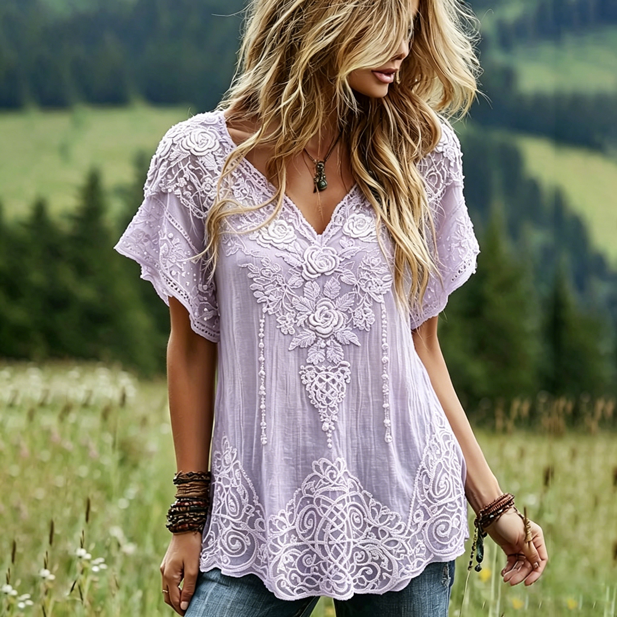 Women's Vintage Celtic Knot Floral Art Linen Blend Short Sleeve Tops
