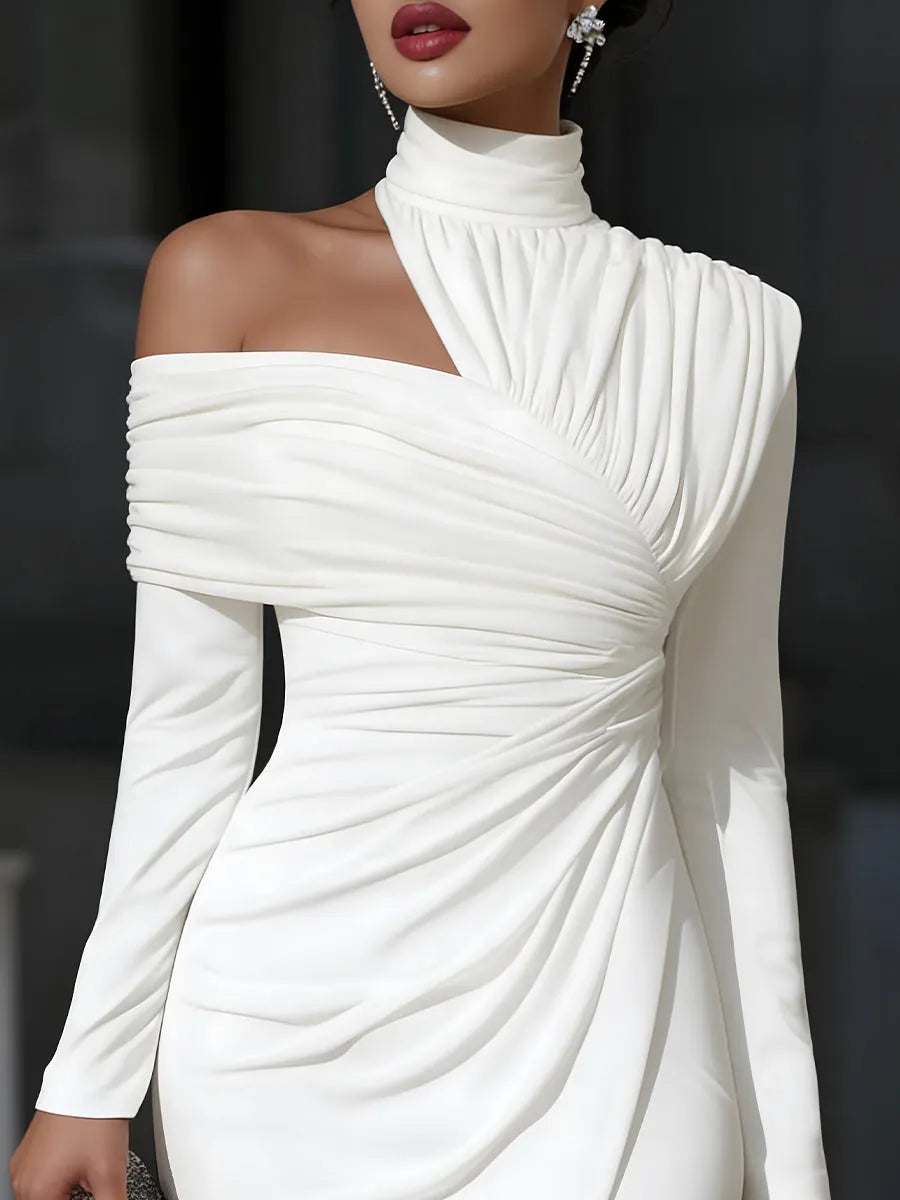 Asymmetric Draped High-Neck One-Shoulder Evening Dress