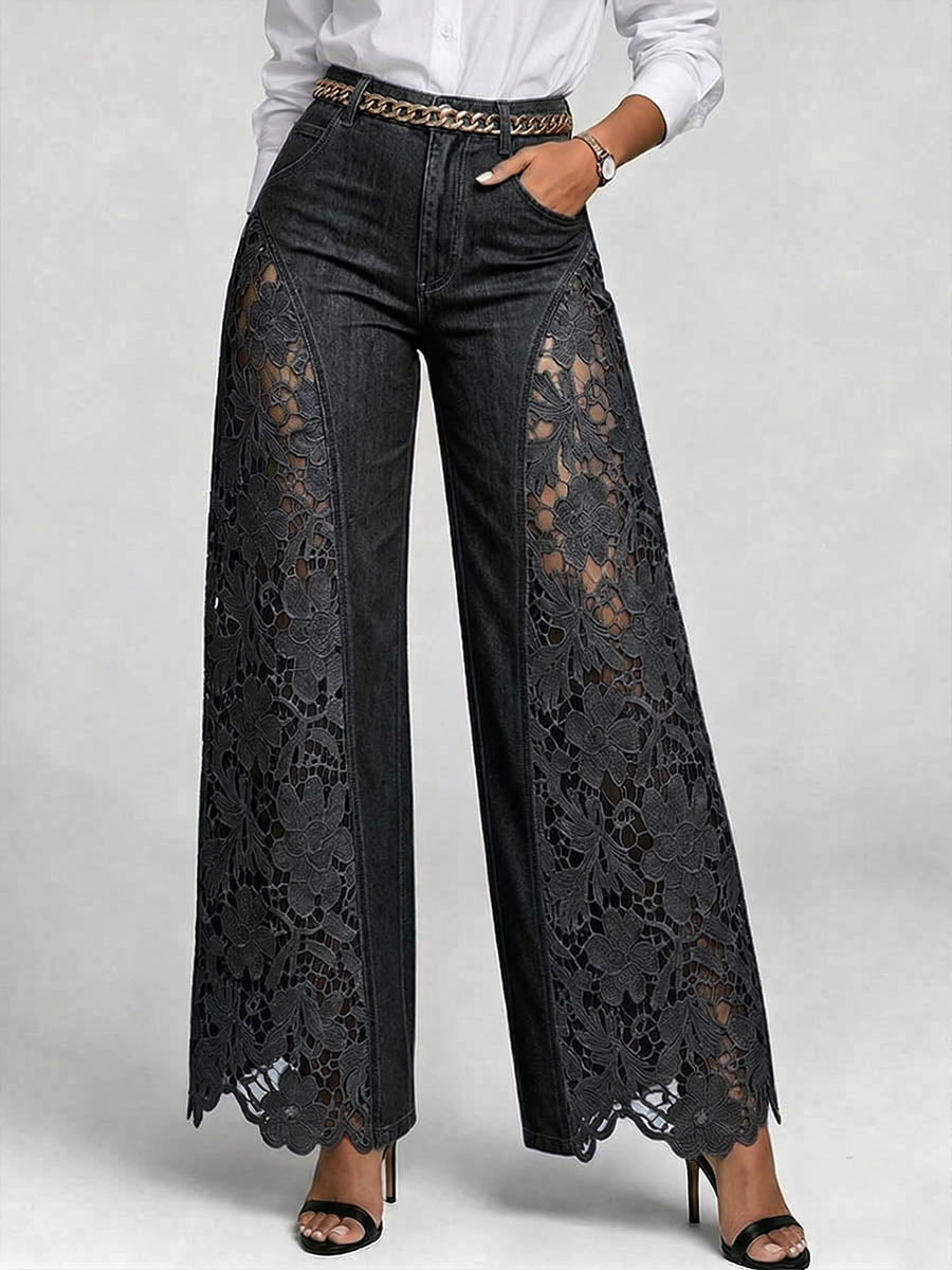 Women's High-waisted Loose-fit Embroidered & Paneled Wide-leg Jeans