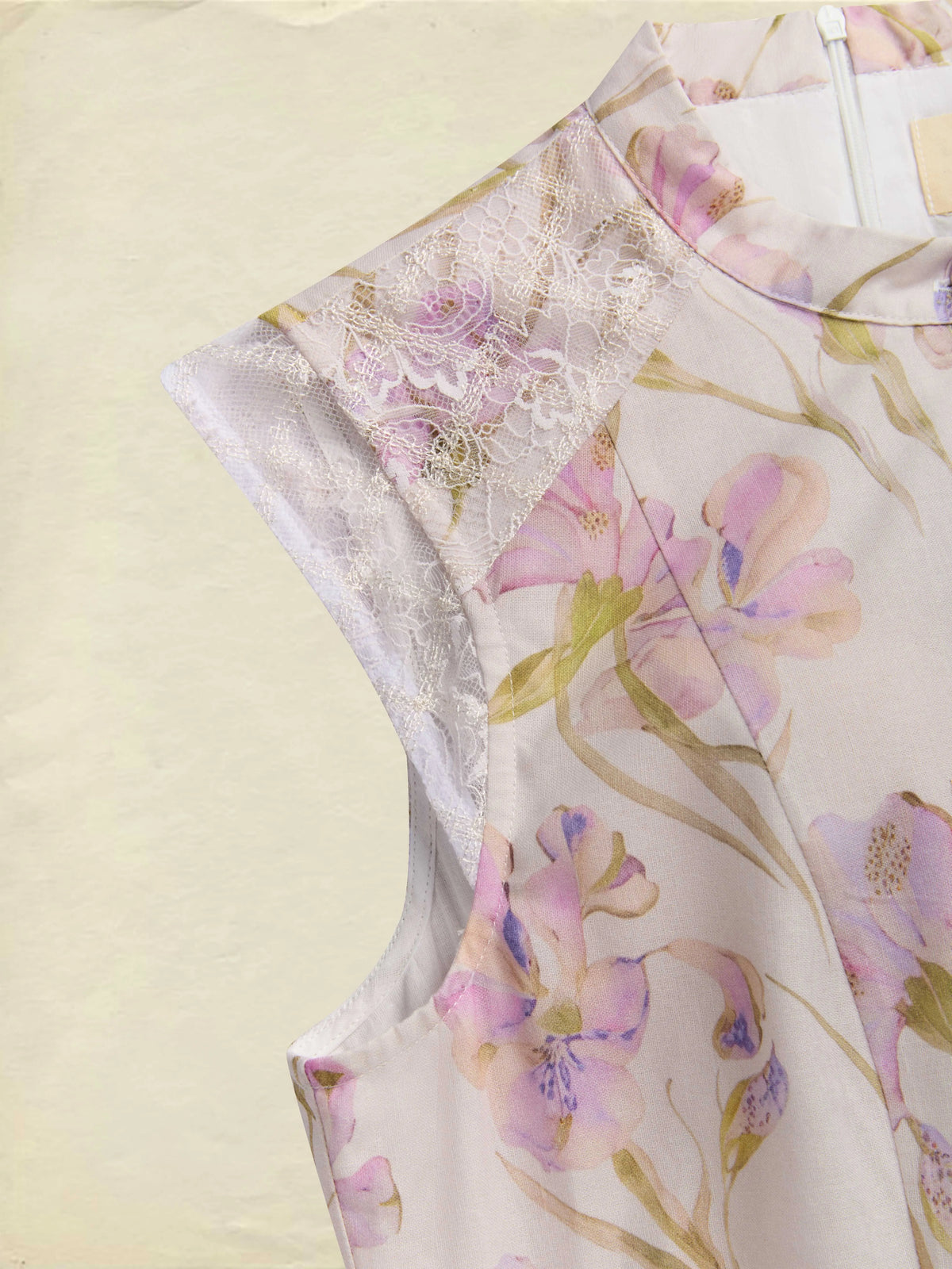 Maxi Cotton Dress, Cap Sleeves, Stand Collar, Floral, Lace, Vacation, Vintage, lavender