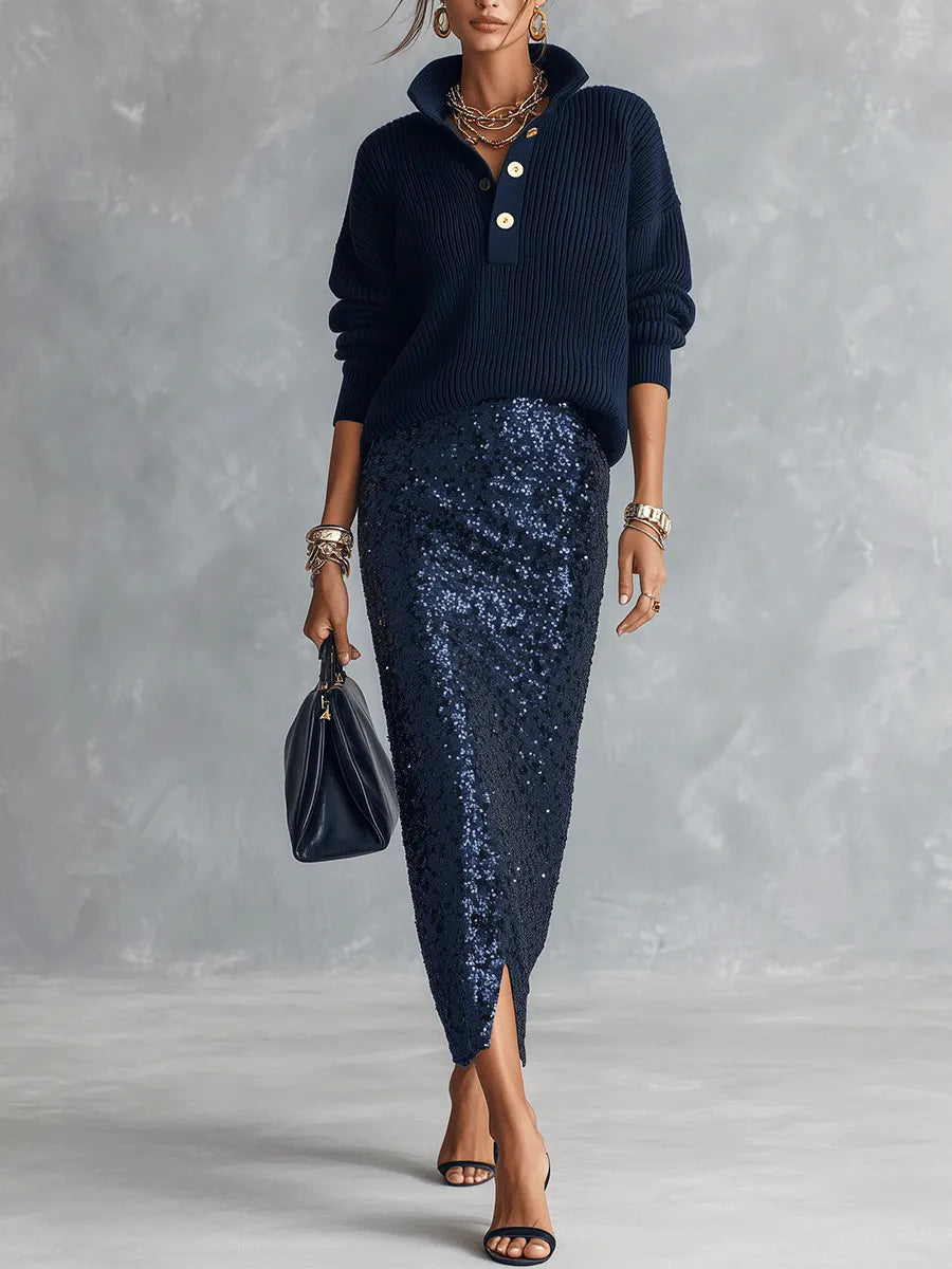 Ribbed Half-Button Sweater & Sequined Midi Skirt Two-Piece Set