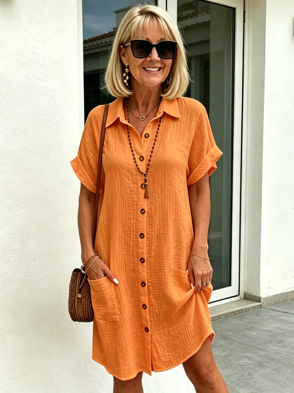 Solid Color Shirt Dress Simple, Made of Breathable, Featuring a Lapel Collar and Orderly Button Arrangement That Adds a Vintage Charm