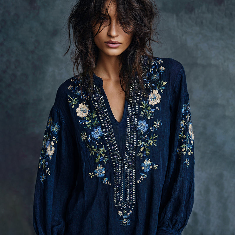 Women's Vintage Floral Embroidered Art Print Flowy Linen Blend Casual Tunic