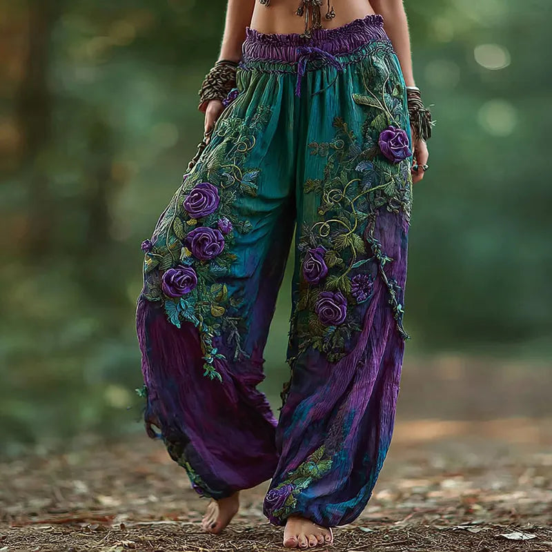Women's Vintage Rose Floral Pattern Casual Pants