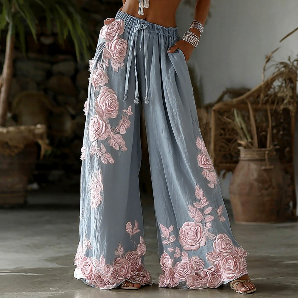Women's Retro Floral Embroidery Art Casual Linen Pants