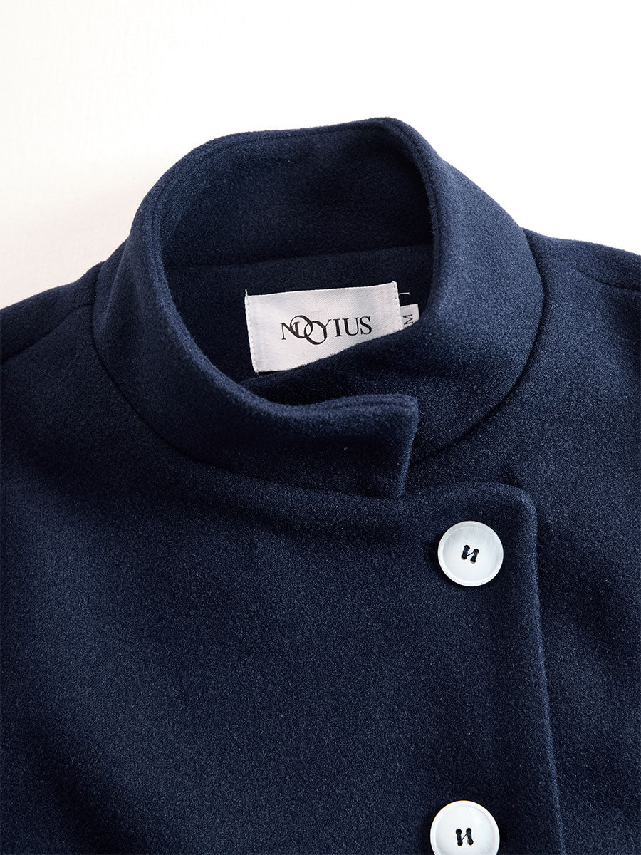 Elegant Navy Stand - Collar Maxi Coat