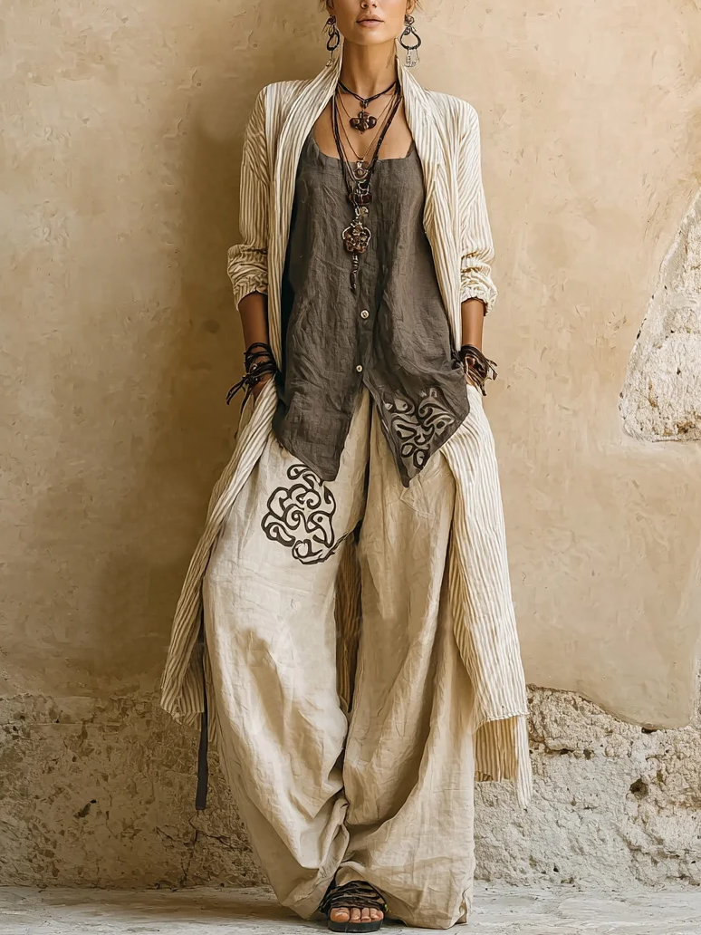 Elegant Cozy Loose Cotton Linen Three-piece Set