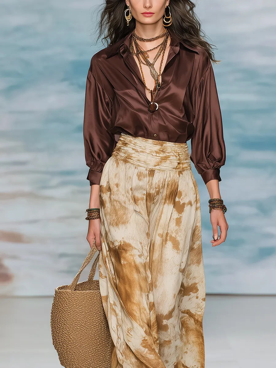 Bohemian Brown Satin Shirt And Skirt Suit