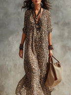 Bohemian Leopard Print Flowy Kaftan Dress