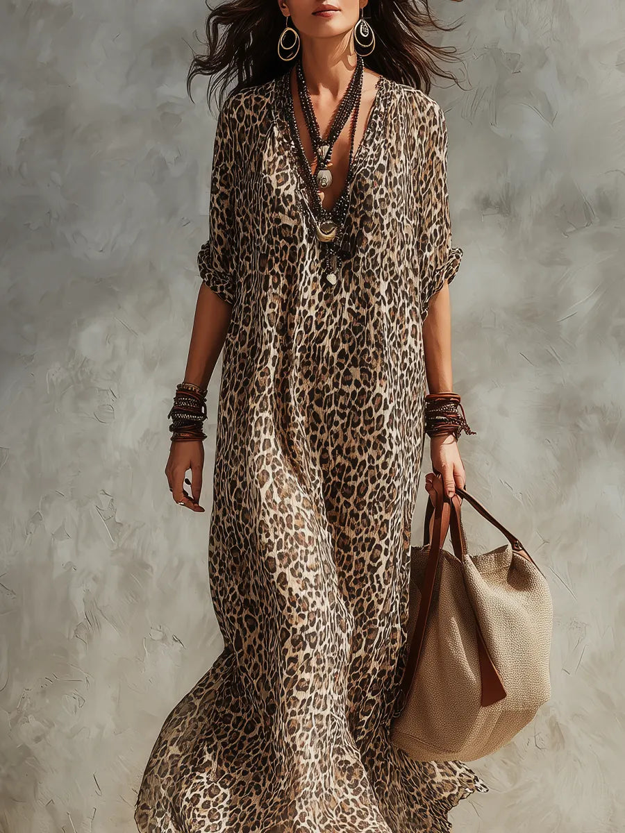 Bohemian Leopard Print Flowy Kaftan Dress
