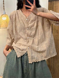 Women's V-neck Half Sleeve Embroidered Cardigan Buttoned Casual Linen Top