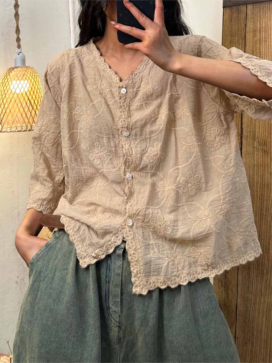 Women's V-neck Half Sleeve Embroidered Cardigan Buttoned Casual Linen Top