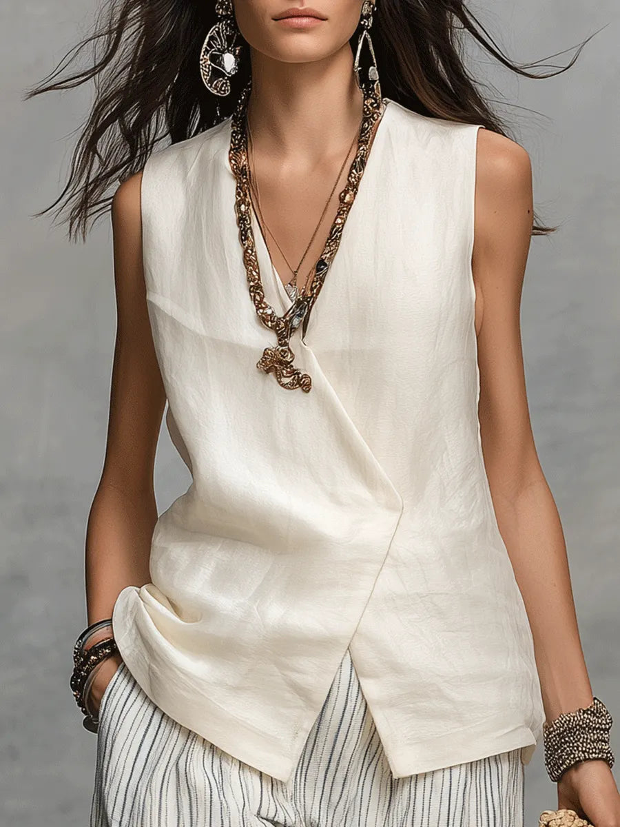 Chic Ivory Wrap Vest & Stripe Wide-Leg Pants Set