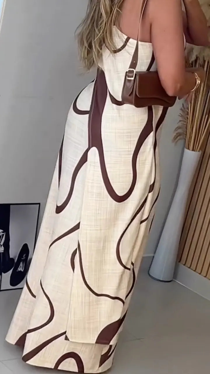 Brown Abstract Print One‐Shoulder Maxi Dress