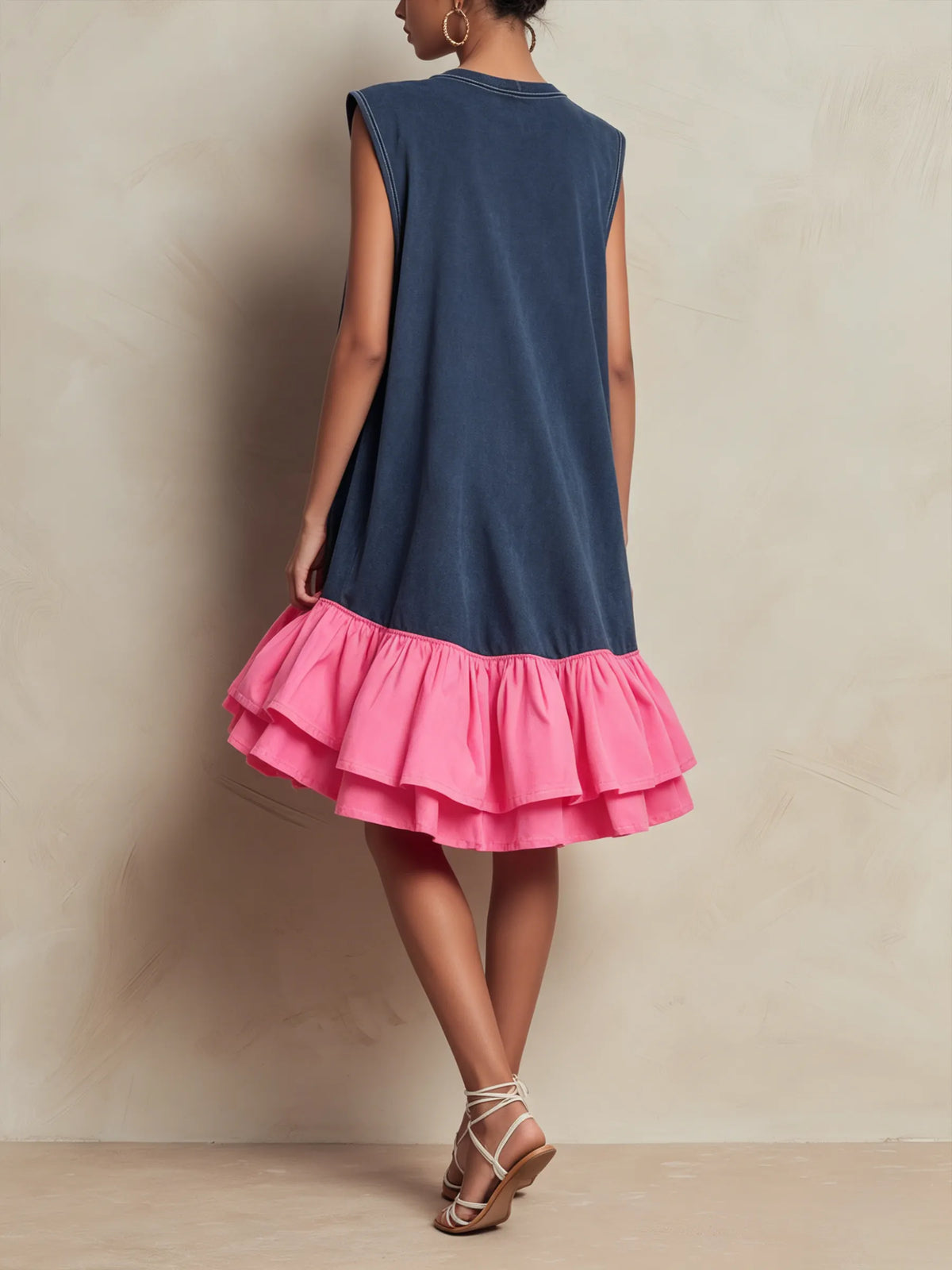 Washed French Terry Sleeveless Shift Mini Dress Contrast Hot Pink Tiered Ruffle Hem Loose Casual Dress