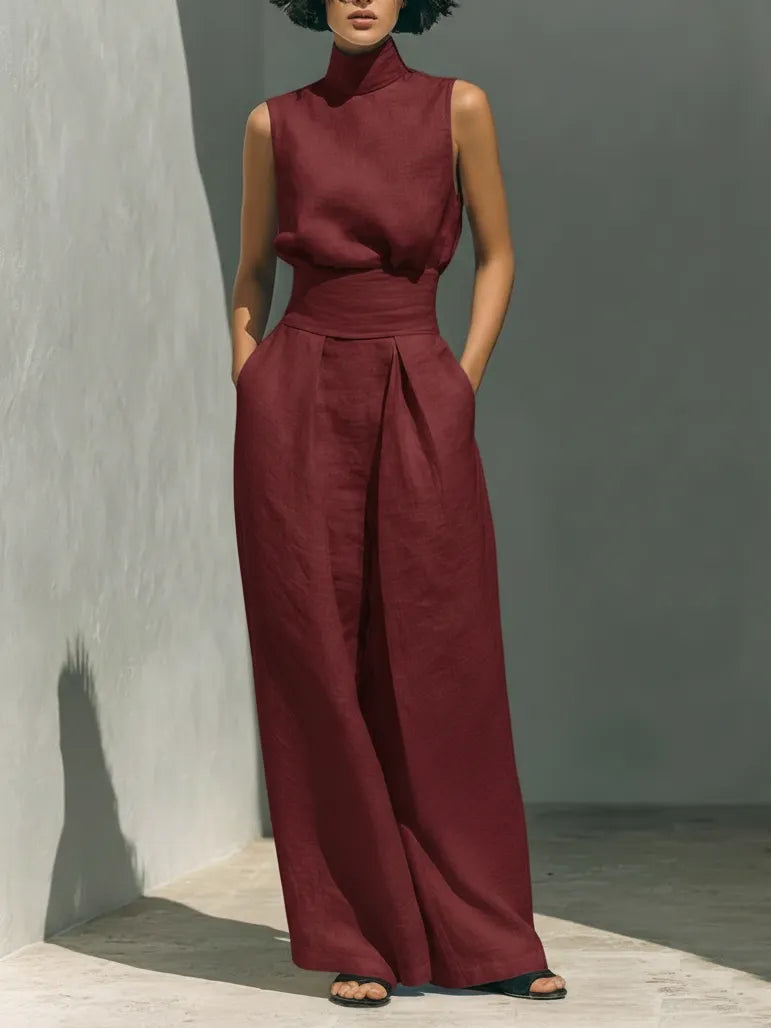Elegant stand-collar shirt and wide-leg pants two-piece set