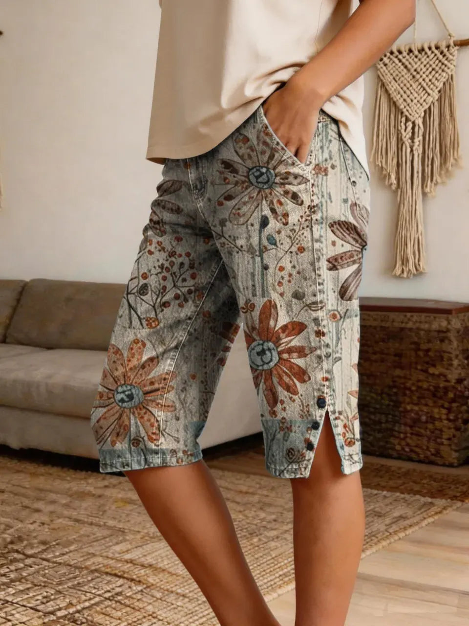 Women's Retro Bohemian Patchwork Floral Art Print Casual Denim Shorts