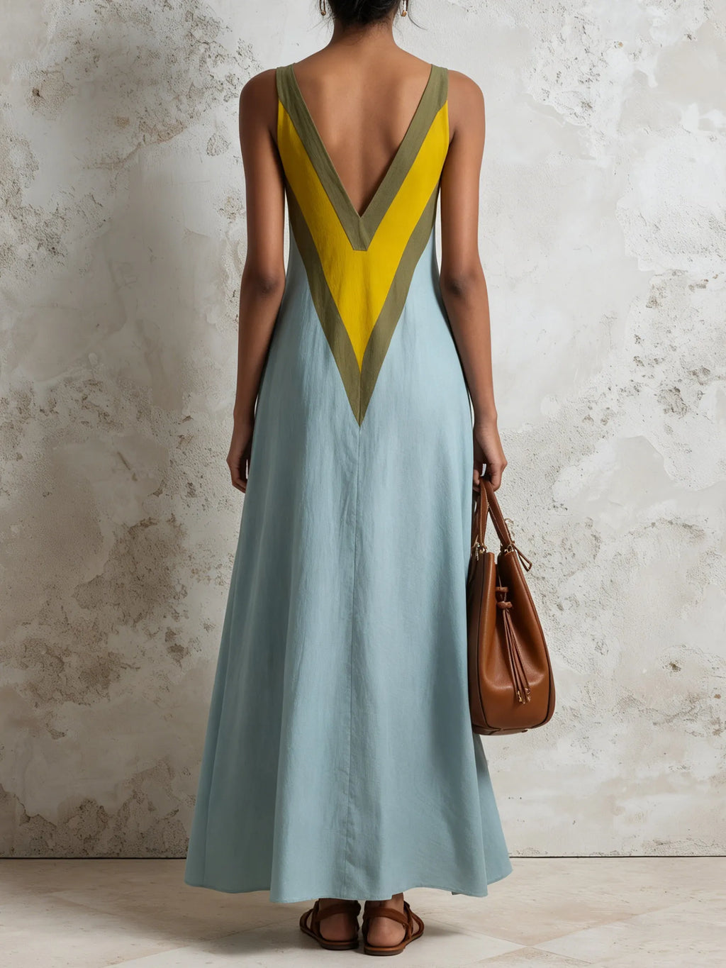 Color Block Deep V Maxi Dress For Women – Sleeveless Flowy Summer Dres