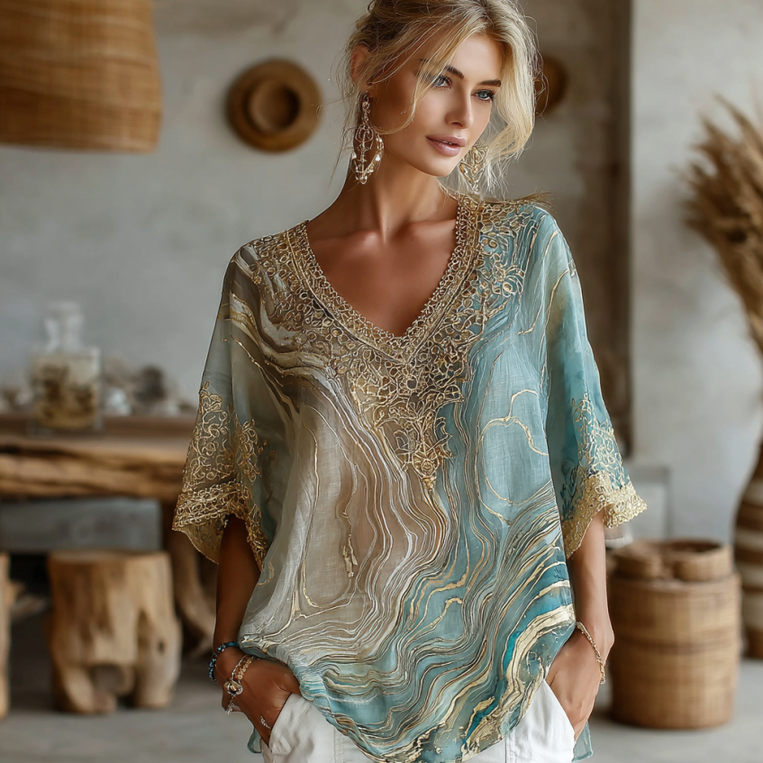 Vintage Marble Texture Collection Bohemia Women Style Gradient Black Gilded Pattern Linen V Neck T-shirt
