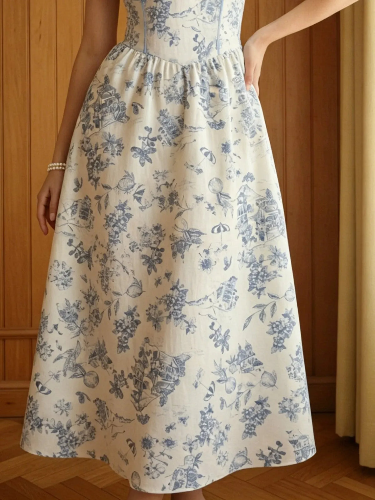 Midi Linen Dress, Sleeveless, Sweetheart Neck, Floral, Built-in Bra, French Vintage, White