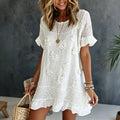Women's White Rose Art Embroidered Linen Blend Round Neck Mini Dress