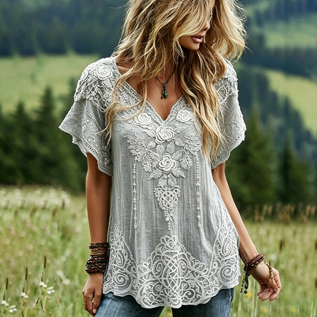 Women's Vintage Celtic Knot Floral Art Linen Blend Short Sleeve Tops