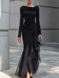 Draped Cowl Neck Layered Organza Panel Maxi Dress
