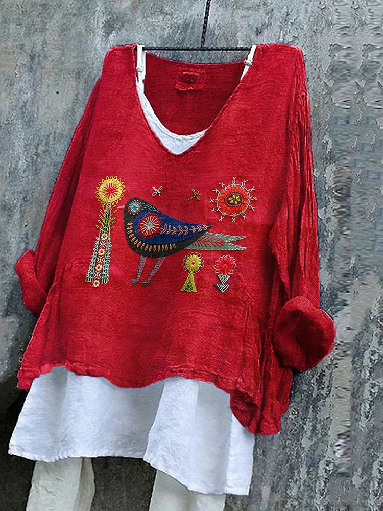 Women's Flower And Bird Embroidery Art Linen V-neck Shirt