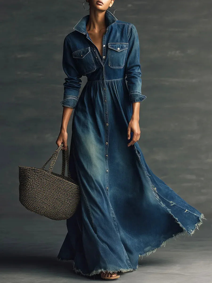 Women Stylish Art Stand Collar Washed Denim Midi Dress