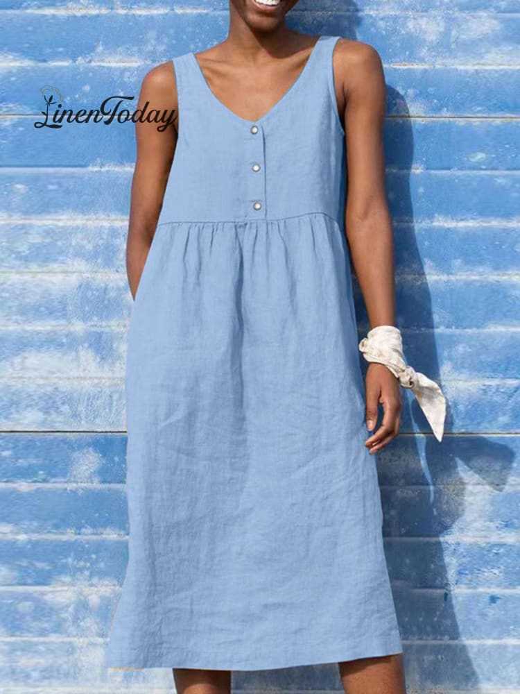 Women's Solid Color Loose Elegant Casual Cotton And Linen Sleeveless Dress