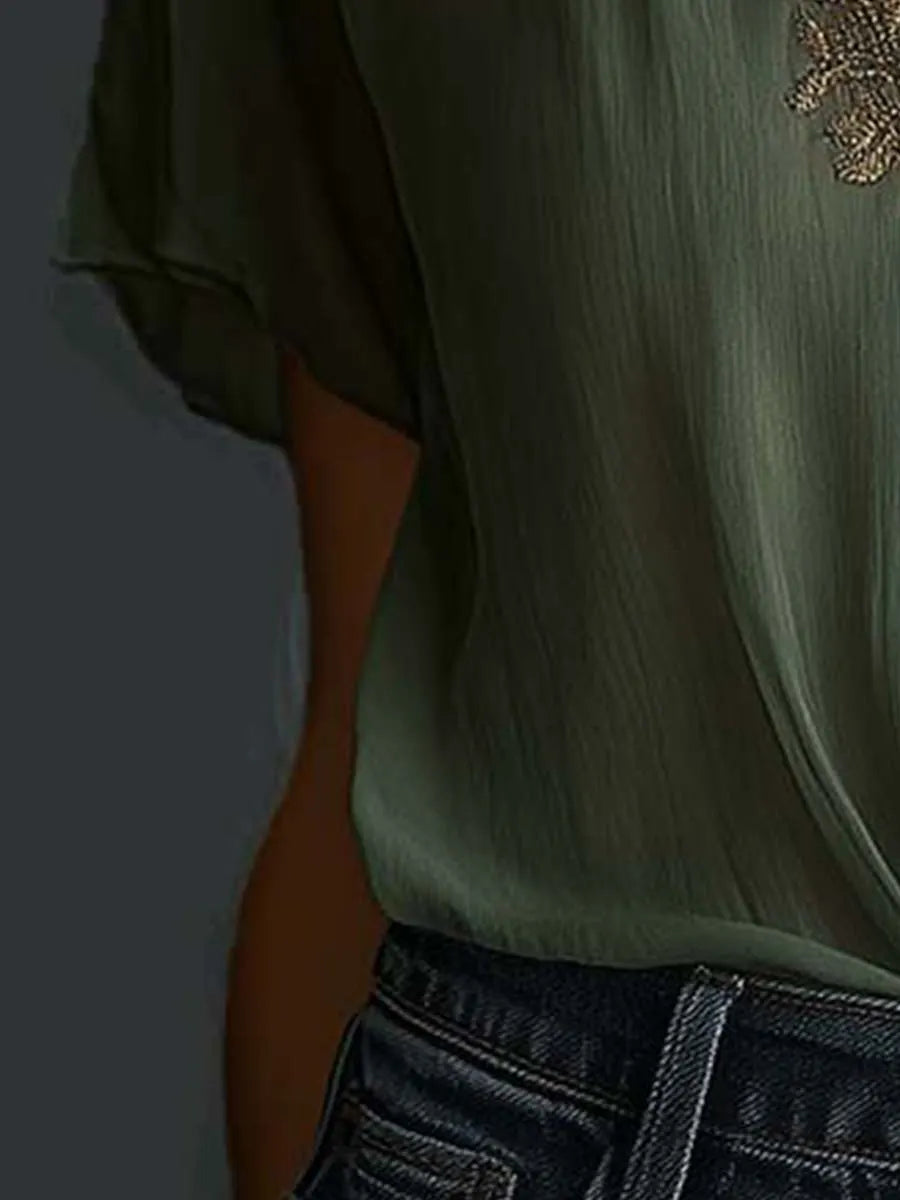 Vintage Embroidered Chiffon Short Sleeve Shirt