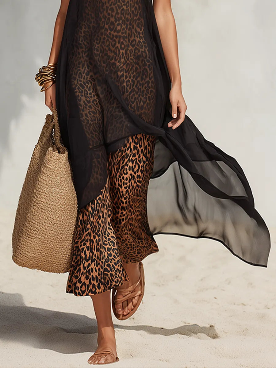 Chic Bohemian Brown Satin Leopard-Print Flared Jumpsuit And Long Black Chiffon Top Two-Piece Set