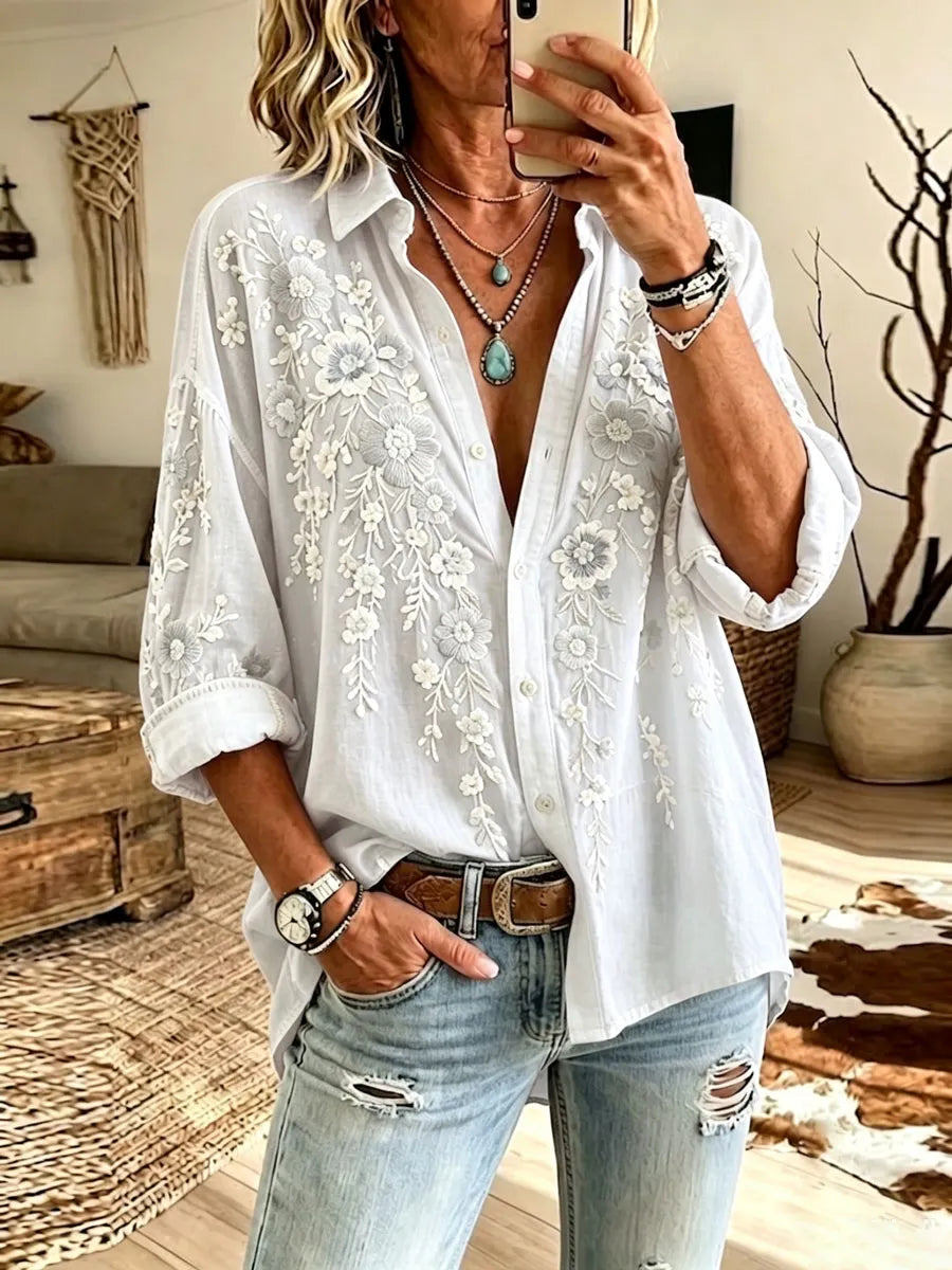 Women'S Cotton Linen Flower Casual Long Sleeve Shirt