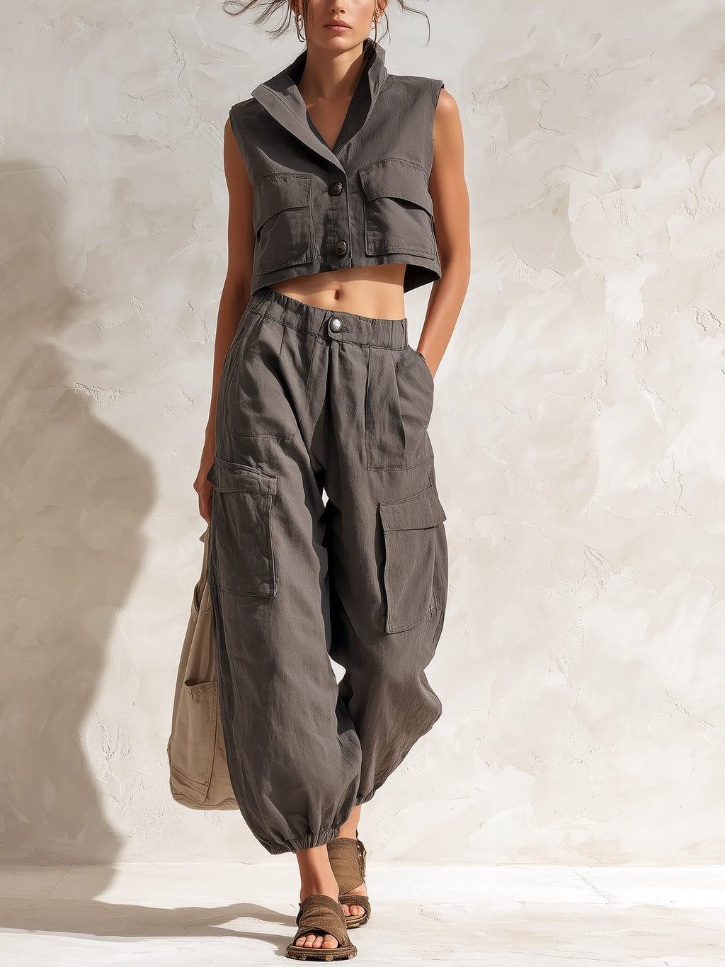Charcoal Gray Cropped Utility Vest & Parachute Cargo Pants Set