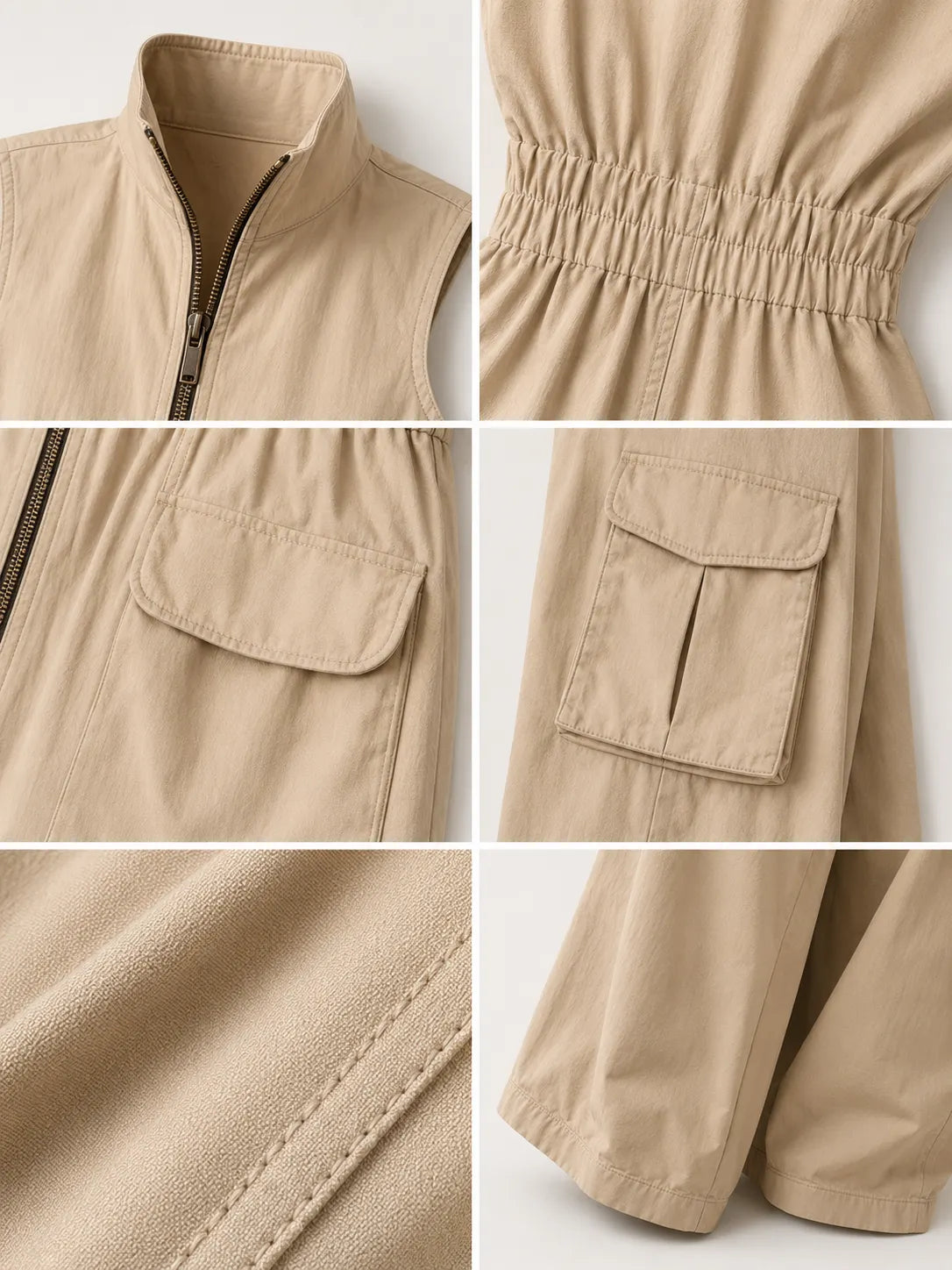 Beige Cotton Twill Sleeveless Utility Cargo Jumpsuit